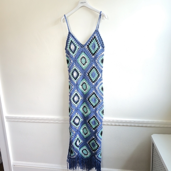 New Elan Aleki Diamond Crochet Blue Multicolor Maxi Dress/Swim Cover-Up Large - Picture 9 of 13